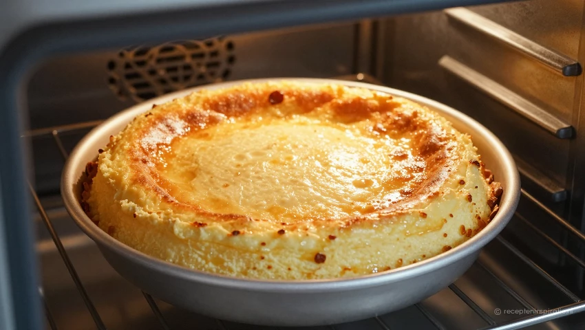 Cheesecake bakt in de oven met een lichte trilling in het midden.