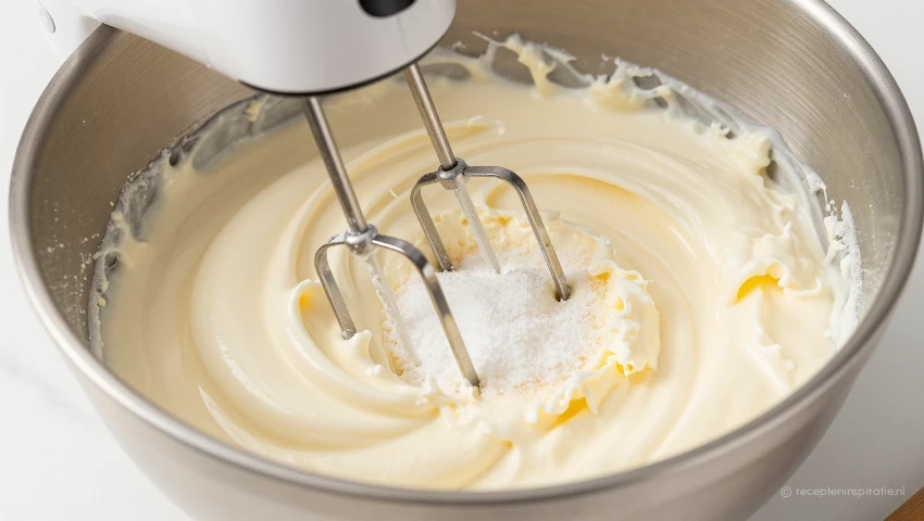 Roomkaas en suiker worden gladgemengd met een elektrische mixer.