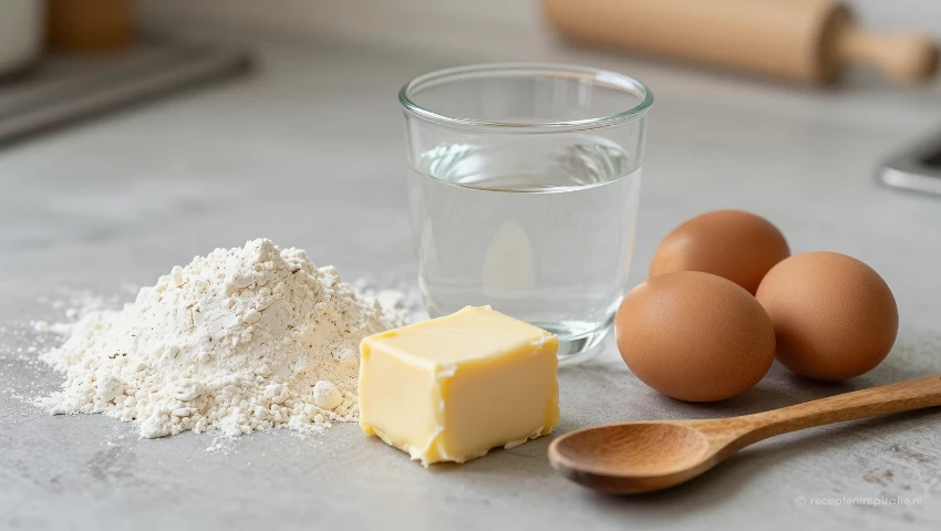 Ingrediënten voor soesdeeg op een houten aanrecht.