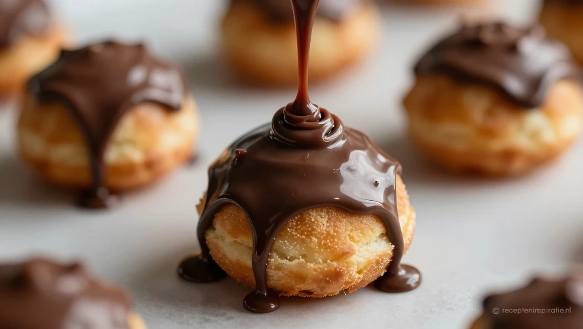 Chocoladeglazuur over soesje, macro.