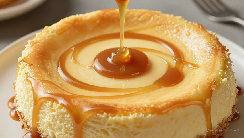 Zoute karamel wordt over de cheesecake gegoten.