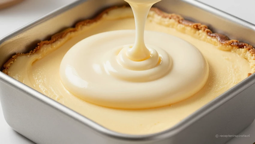 Cheesecake vulling wordt over de koekjeskorst gegoten.