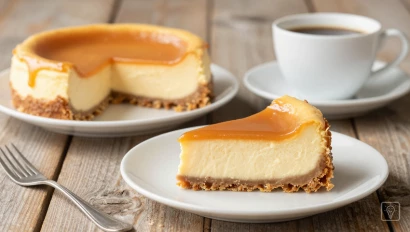 Cheesecake, koffie en houten tafel.