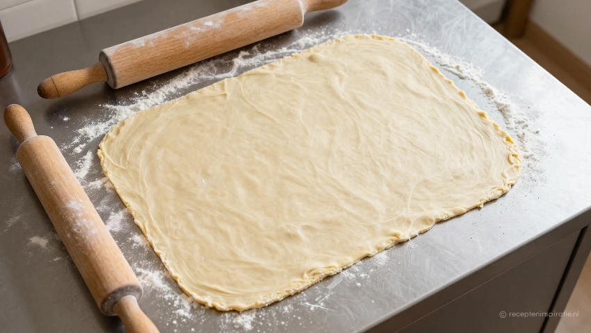 Van bovenaf: bladerdeeg uitgerold, klaar voor de vulling.