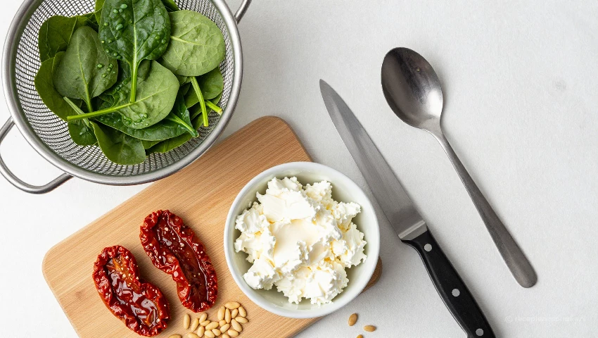 Keukengerei en ingrediënten voor de vulling, overzichtelijk.