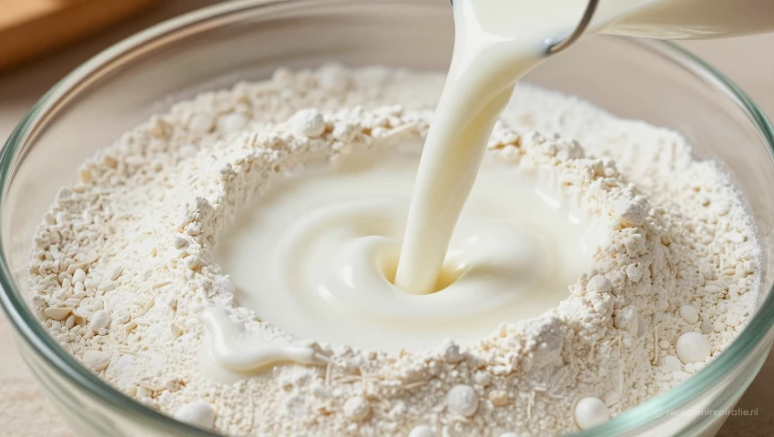 Plantaardige melk wordt gemengd met droge ingrediënten.