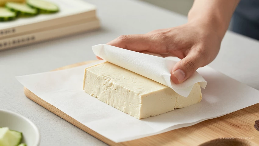 Tofu wordt geperst tussen keukenpapier en boeken.