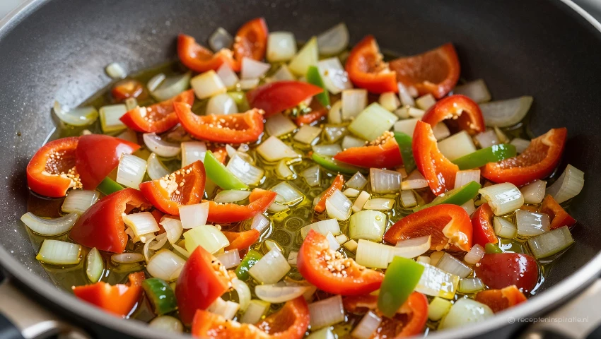 Ui en paprika bakken in een pan met olijfolie.