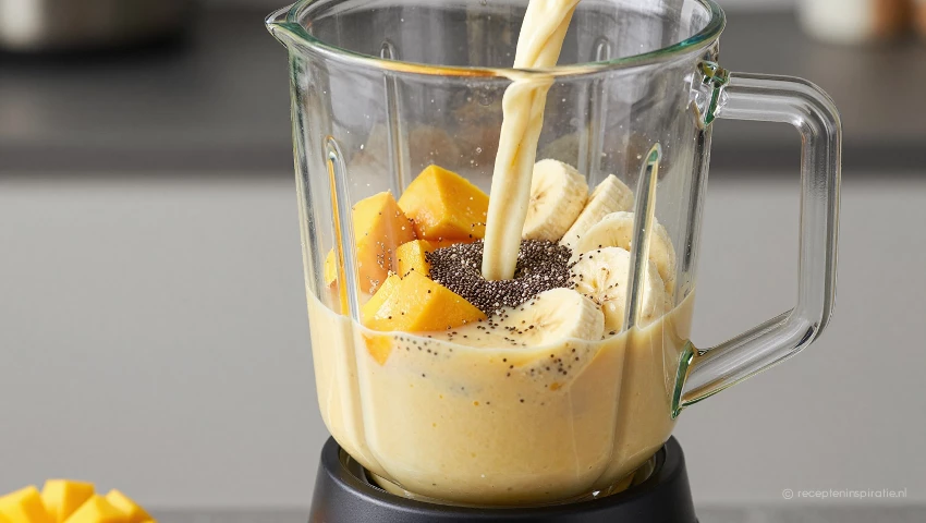 Blender mengt fruit en plantaardige melk.