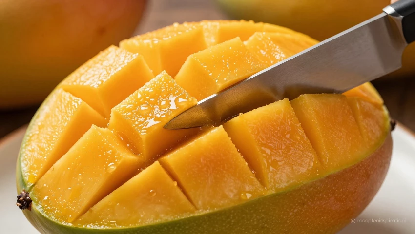 Close-up van het snijden van een rijpe mango.
