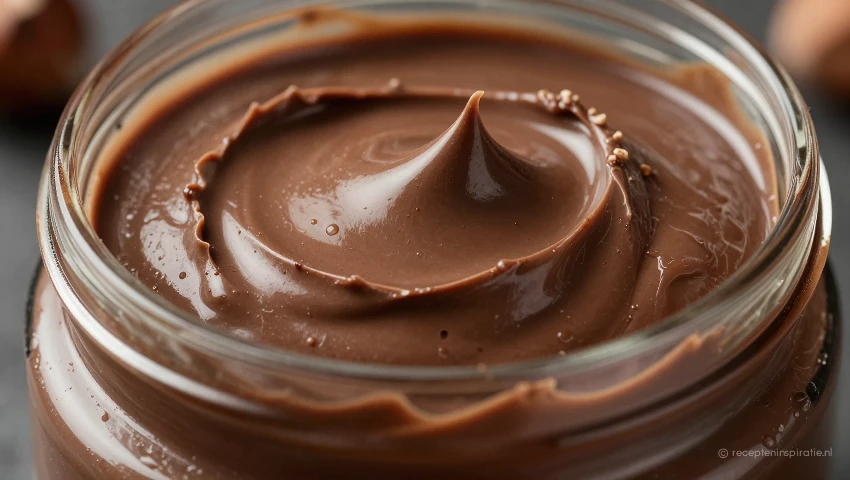 Pot met romige chocolade-hazelnootpasta, rijke kleur.