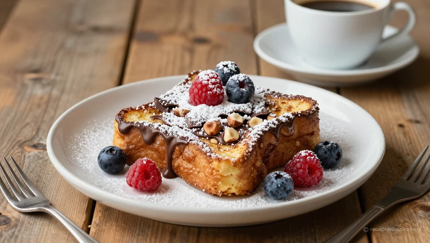 Wentelteefjes op bord met poedersuiker en bessen.