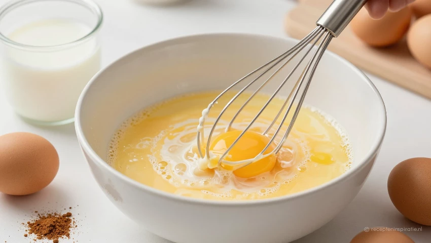 Eieren worden losgeklopt met melk en kaneel in een kom.