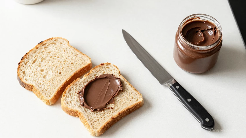 Van boven: brood, pasta en mes op aanrecht.