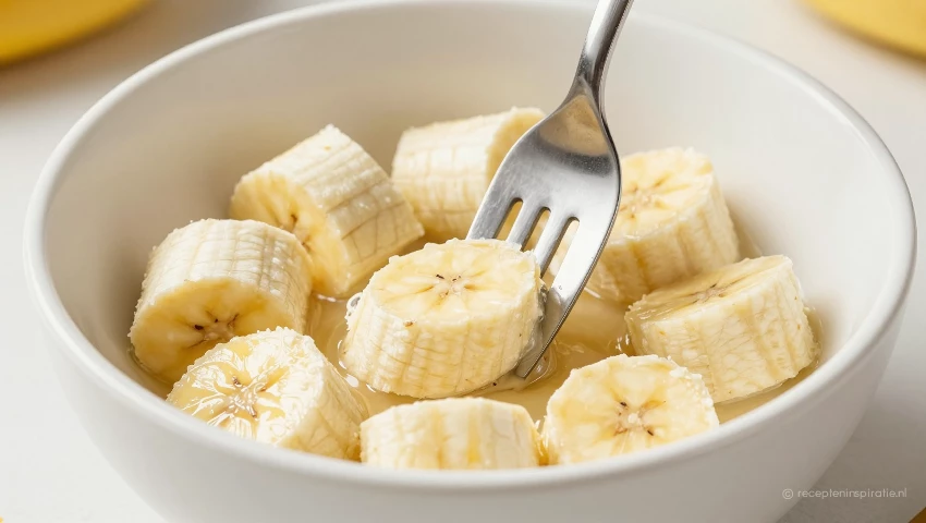Geprakte bananen in een kom, klaar voor pannenkoekenbeslag.