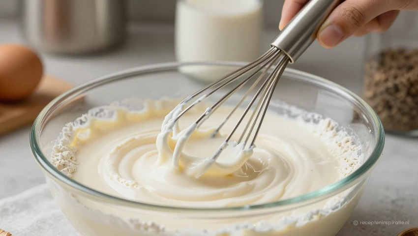 Hand die plantaardige melk en bloem klopt, sfeervolle keuken.