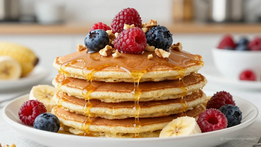 Vegan bananenpannenkoeken met toppings.
