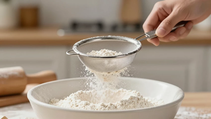 Bloem gezeefd in een kom, sfeervolle keuken.