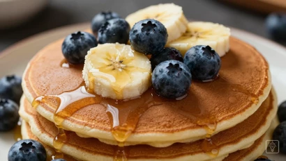 Close-up van vegan bananenpannenkoek met blauwe bessen.