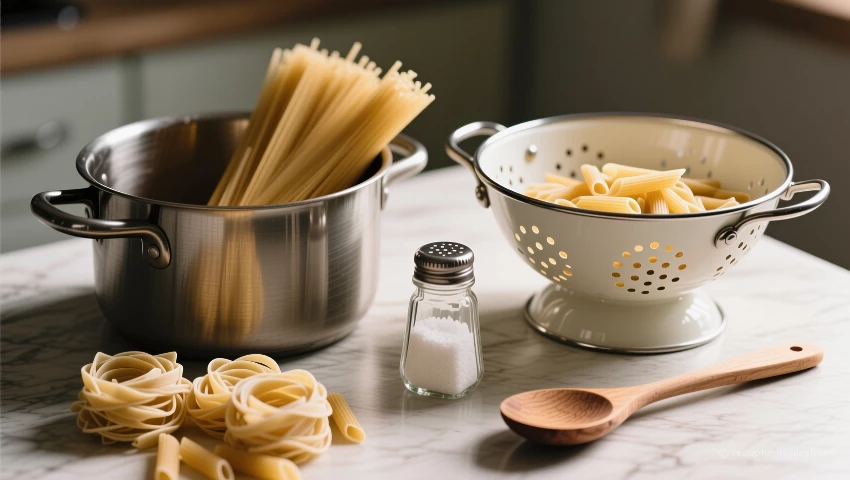 Ingrediënten voor pasta: pot, pasta, zeef, zout en houten lepel.