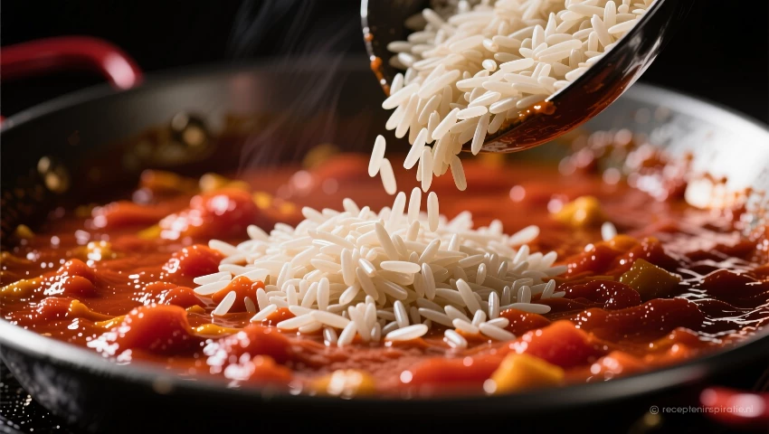 Rijstkorrels worden toegevoegd aan tomatenpuree in een paellapan.