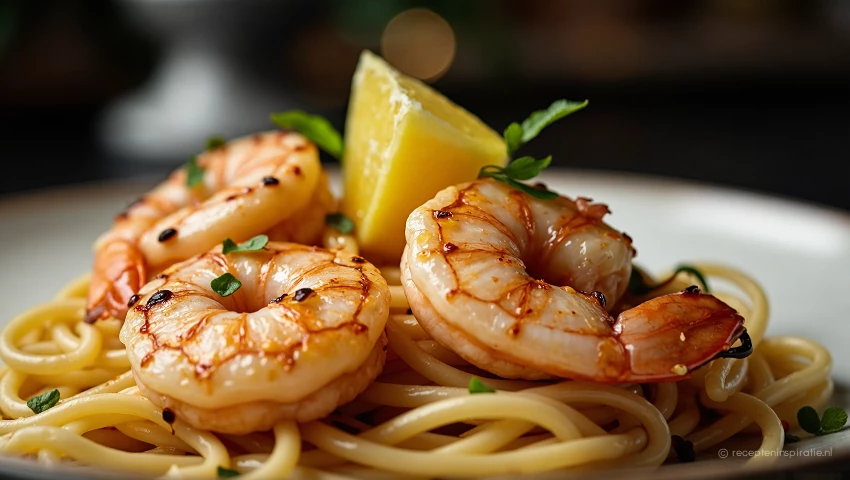 Gedetailleerde foto van opgediende pasta met garnalen en citroen.