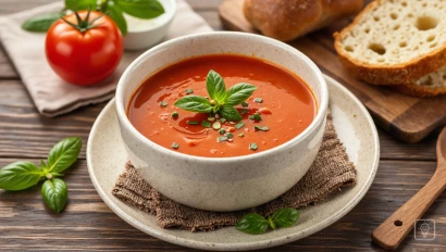 Tomatensoep met brood en basilicum, rustieke stijl.