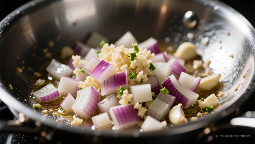Close-up van ui, knoflook en gember in een pan.