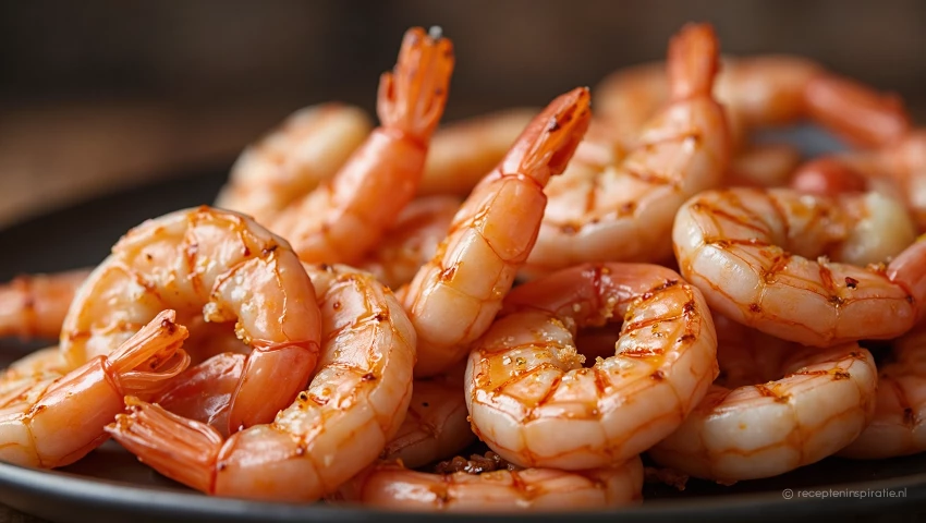 Gedetailleerde foto van perfect gegrilde roze garnalen.