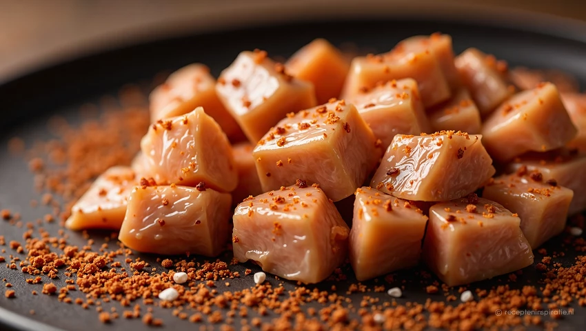 Kruiden en rauwe kipblokjes op een snijplank, fotorealistisch.