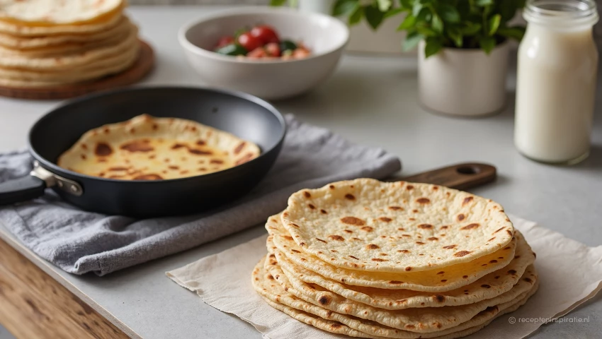 Luchtfoto van verwarmde tortilla's op een aanrecht.