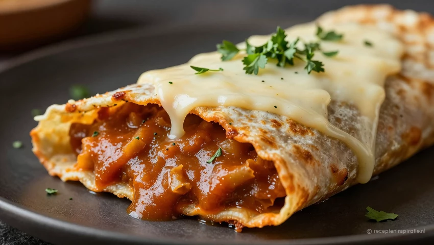 Detailopname van een enkele enchilada met garnituren.