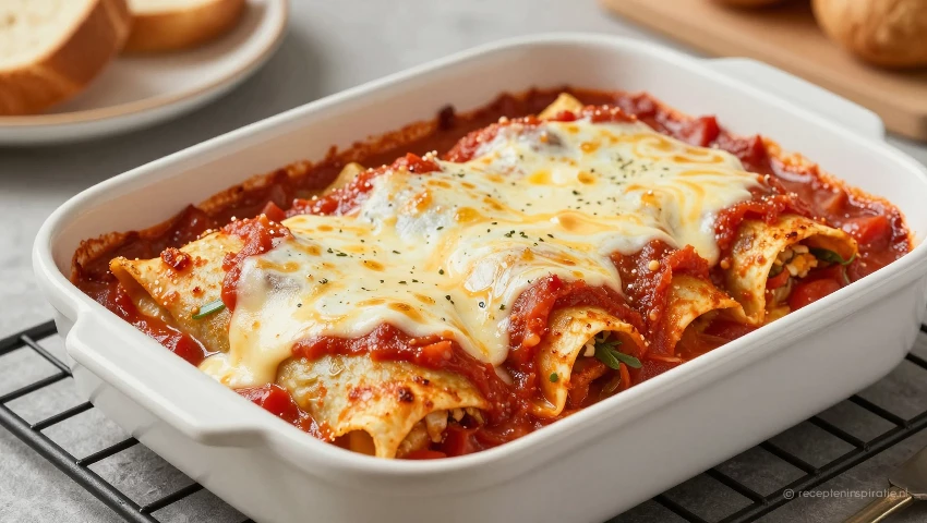 Enchilada's bedekt met saus en kaas in een ovenschaal.