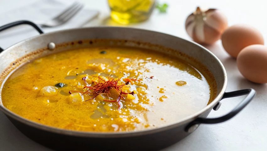 Paellapan met bouillon en saffraan, plus ingrediënten in rustige setting.