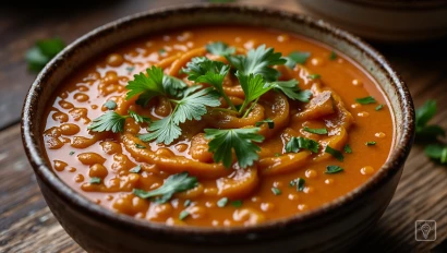 Dichtbij beeld van dampende soep in een kom.