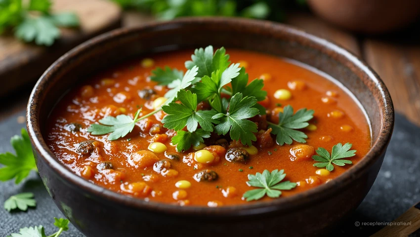 Dichtbij beeld van dampende soep in een kom.