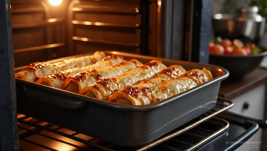 Oven wordt voorverwarmd en ovenschaal ingevet.