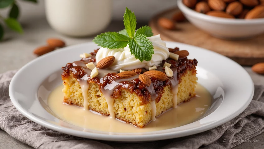 Kerstbroodpudding met garnering van amandelen en munt.