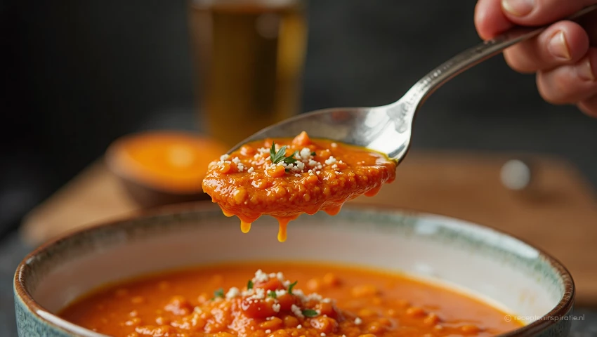 Close-up van een lepel Indische tomatensoep.
