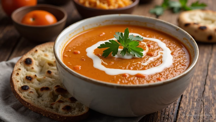 Een kom Indische tomatensoep met koriander en naanbrood.