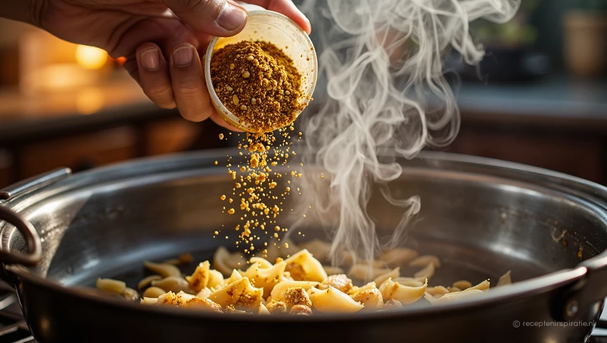 Currypoeder wordt aan de soep toegevoegd in een pan.