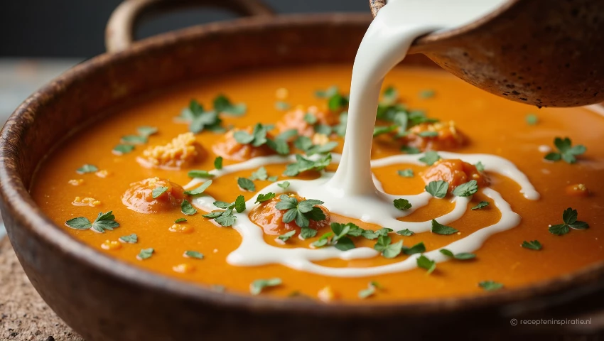 Close-up van kokosmelk dat in de soep wordt gegoten.