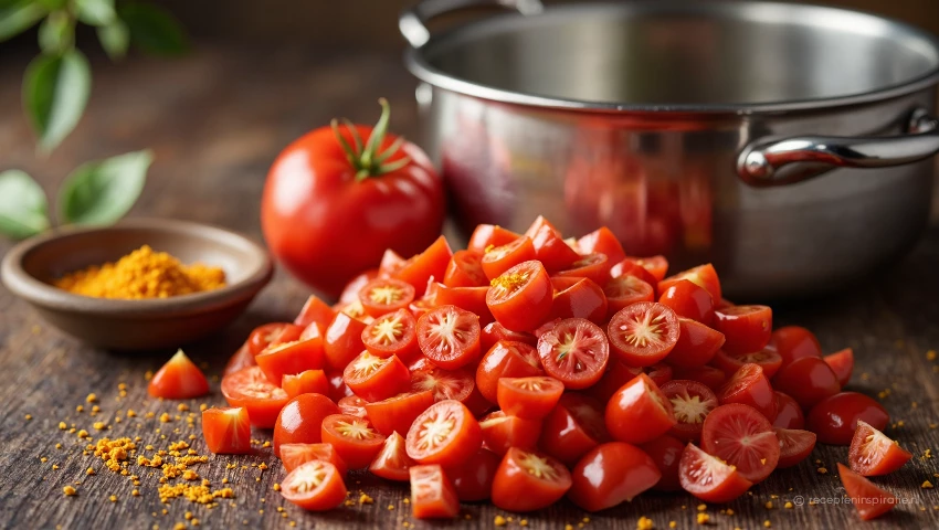 Verse tomaten en een pan staan op een aanrecht.