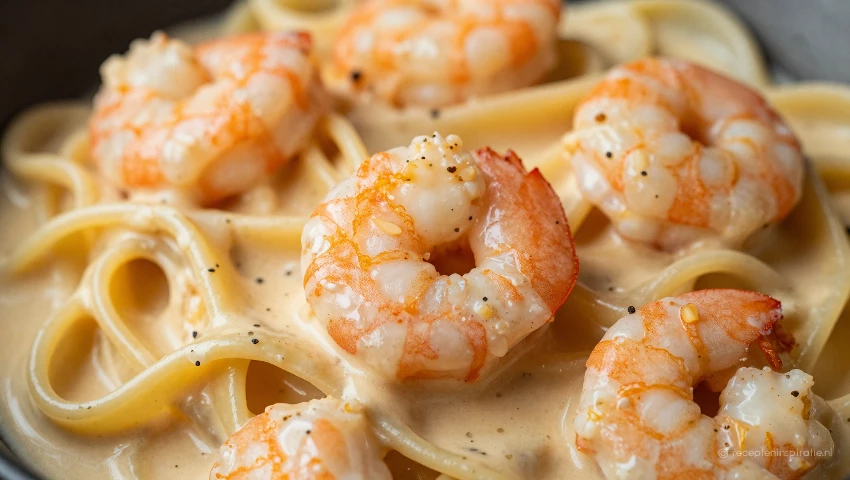 Gedetailleerde foto van pasta met romige saus en garnalen.