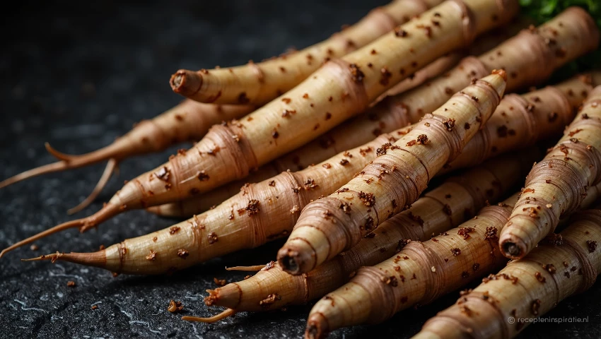Gepelde schorseneren met dramatische belichting en rijke kleuren.
