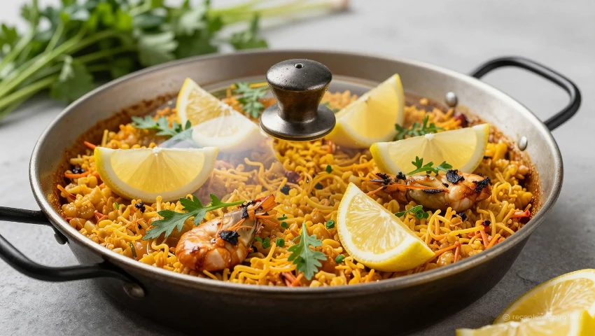 Paellapan onder deksel, kruiden en citroen, rustige compositie.