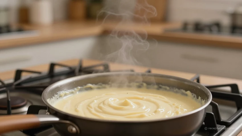 Romige saus op het fornuis, met een gezellige sfeer.
