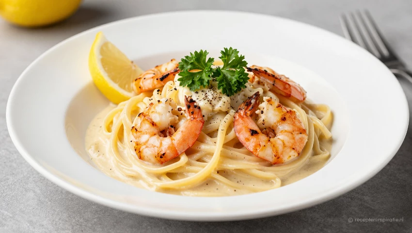 Opgediende pasta met garnalen, citroen en zwarte peper.