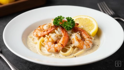 Opgediende pasta met garnalen, citroen en zwarte peper.
