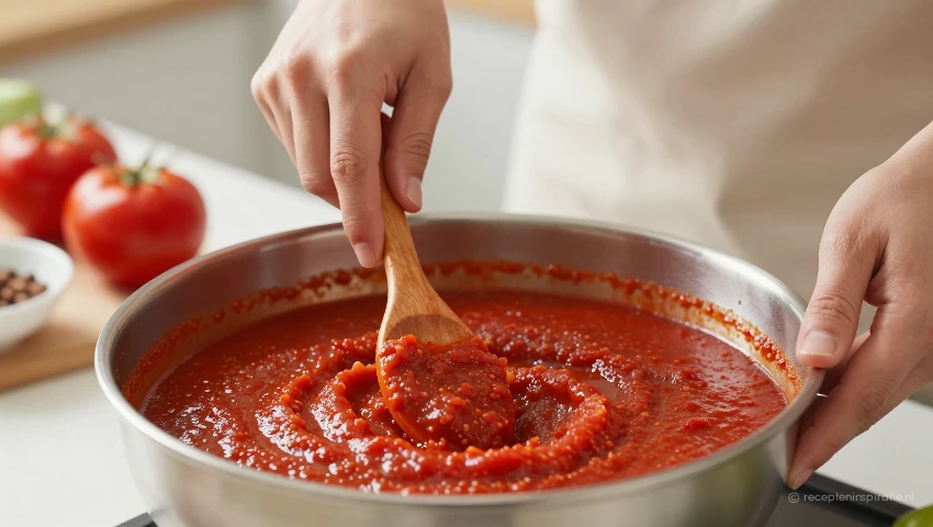 Iemand maakt pittige tomatensaus in een gezellige keuken.
